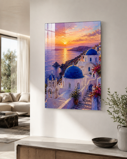 Santorini Sunset Tempered Glass Wall Art