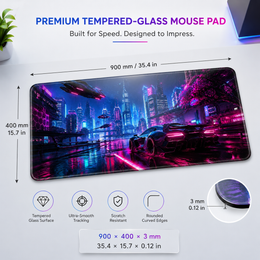 Cyberpunk Neon City Large Glass Gaming Mouse Pad