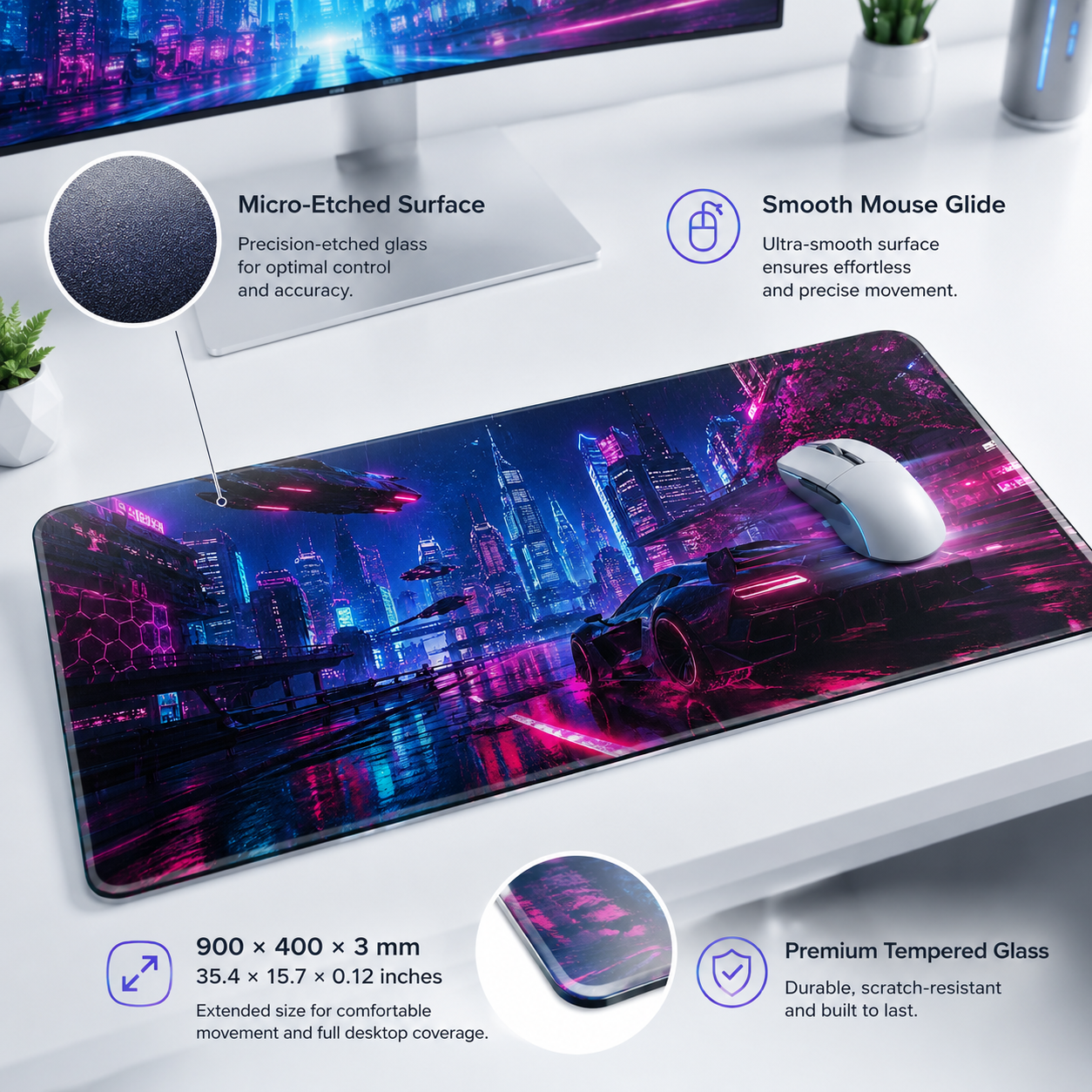 Cyberpunk Neon City Large Glass Gaming Mouse Pad