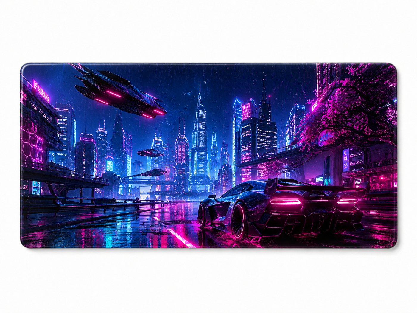 Cyberpunk Neon City Large Glass Gaming Mouse Pad